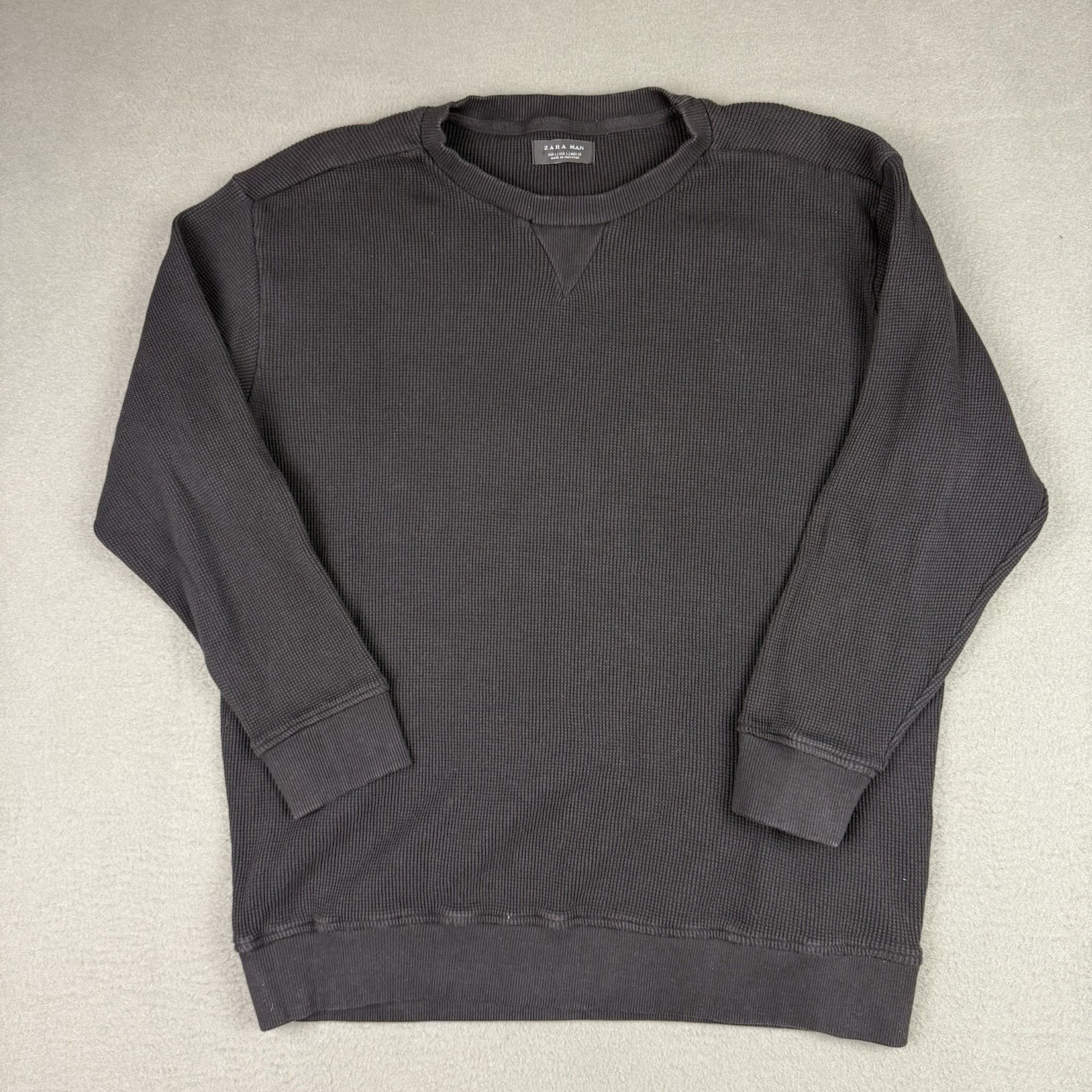 Zara Man Shirt Large Black Waffle Knit Crew Neck Long Sleeve Read Shorter Arms